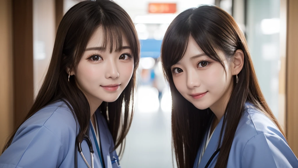 (2 Girls )、(Beautiful Japanese,round face、Refreshing、clear、seems kind、stylish、Pitiful、cute like an angel、cute、black eyes、(Single eyelid:1.3)、Beautiful skin), {(Japan human face:1.4),(General facial features)} , (((Beautiful breasts:0.4))),(((soft breasts))),(very cute),(,brown hair,),(enchanting eyes),(highlight on eyes:1.2)、(8K、Live shooting、highest quality、masterpiece:1.2、optimal lighting)、((masterpiece)),(Photo taken by a professional photographer),(real、photo real:1.4),BREAK,((taraditional nurse uniform))},(cleavage:0.5)},( Smile),(cheeks are red:1.3), break, hospital,Face shot:1.0、 face close-up,,(((1970s vibe)))、Hospital corridor,dynamic angle,