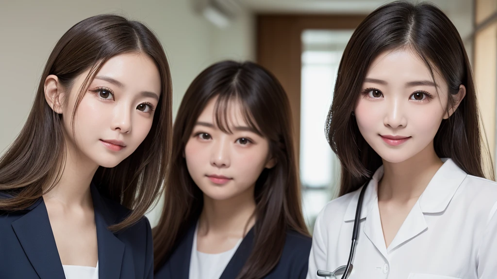 (2 Girls )、(Beautiful Japanese,round face、Refreshing、clear、seems kind、stylish、Pitiful、cute like an angel、cute、black eyes、(Single eyelid:1.3)、Beautiful skin), {(Japan human face:1.4),(General facial features)} , (((Beautiful breasts:0.4))),(((soft breasts))),(very cute),(,brown hair,),(enchanting eyes),(highlight on eyes:1.2)、(8K、Live shooting、highest quality、masterpiece:1.2、optimal lighting)、((masterpiece)),(Photo taken by a professional photographer),(real、photo real:1.4),BREAK,((taraditional nurse uniform))},(cleavage:0.5)},( Smile),(cheeks are red:1.3), break, hospital,Face shot:1.0、 face close-up,,(((1970s vibe)))、Hospital corridor,dynamic angle,