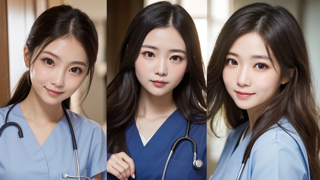 (2 Girls )、(Beautiful Japanese,round face、Refreshing、clear、seems kind、stylish、Pitiful、cute like an angel、cute、black eyes、(Single eyelid:1.3)、Beautiful skin), {(Japan human face:1.4),(General facial features)} , (((Beautiful breasts:0.4))),(((soft breasts))),(very cute),(,brown hair,),(enchanting eyes),(highlight on eyes:1.2)、(8K、Live shooting、highest quality、masterpiece:1.2、optimal lighting)、((masterpiece)),(Photo taken by a professional photographer),(real、photo real:1.4),BREAK,((taraditional nurse uniform))},(cleavage:0.5)},( Smile),(cheeks are red:1.3), break, hospital,Face shot:1.0、 face close-up,,(((1970s vibe)))、Hospital corridor,dynamic angle,