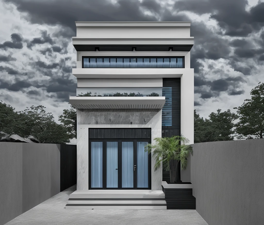 Modern style house, blue-gray walls, dark thread, black xingfa door and white glass
