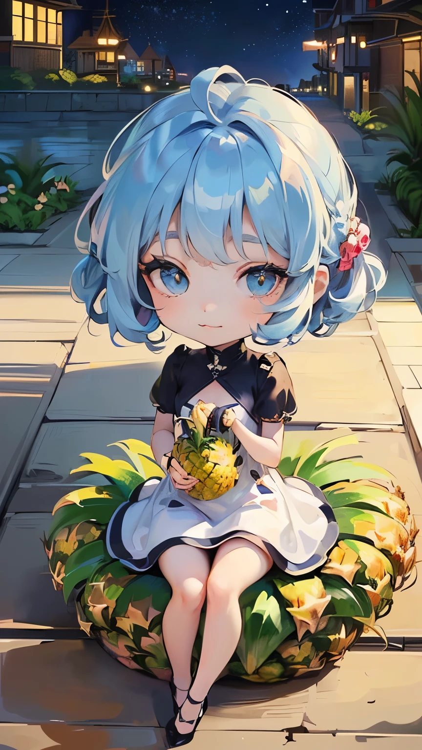 ((style:Colored pencil,pale colour)),(Chibi animation、One Chibi、masterpiece、Colored pencilで描かれた:1.2)、(Chibi Body、Small face、Cute all over、Light blue hair color, Short chignon hair:1.4),(Highly detailed eyes、Light blue eyes、Breast enlargement、Gloss Lip、 :3, Ahoge, Very thin legs)、(Big fresh pineapple:1.5)、(The daily life of the nobility、The best clothes for chibi characters、National costume、Dress stylishly:1.5),(Beautiful scenery in Europe、The wind is blowing、Pineapple Tower Top Floor Room、Midnight Scene、Queen、Lying down、Micro underwear accidentally seen:1.3)