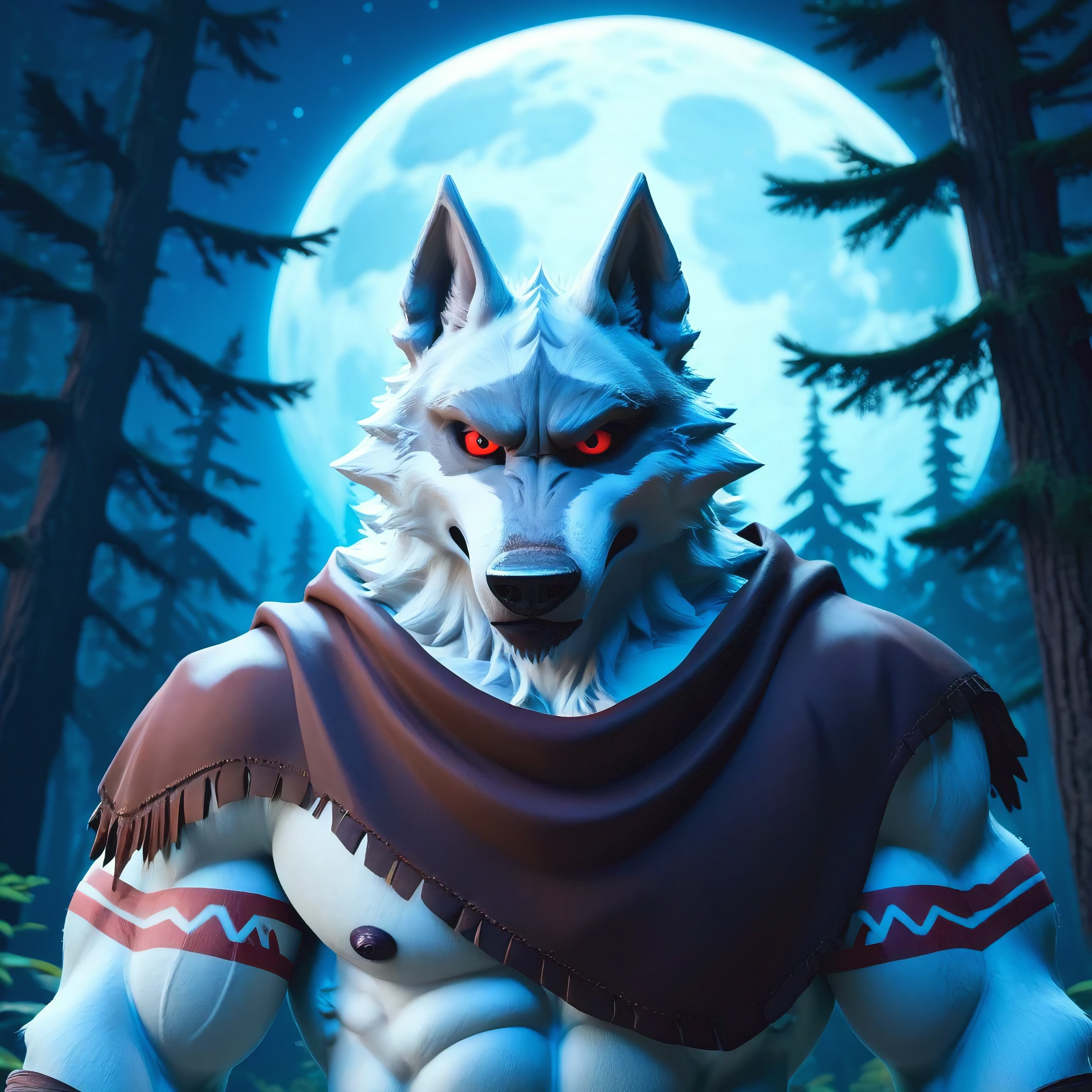 score_9, score_8_up, score_7_up, rating_rule34,source_furry,anthro,source_3D,
white wolf, red eyes, muscular, Looking at the viewer, serious expression, Night forest with full moon, Cinematic, Unreal Engine, Tribal tattoos, and tribal Indian clothes,