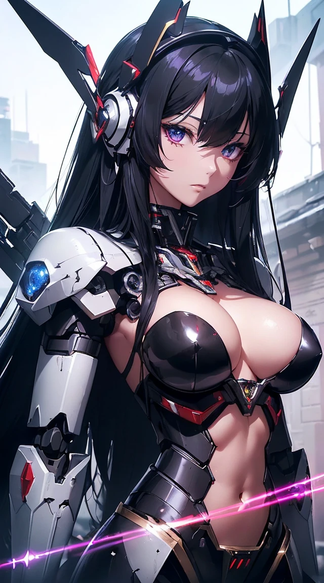 ((Shining lenses on both breasts:1.3))、((Pillars of red light radiate from both chests..:1.3))、((Attack pose:1.6))、((He has a red sword and a long rifle:1.6))、((Battle Scenes:1.8))、((8K)), ((32k)), ((Highest quality)), ((masterpiece)), ((超A high resolution)), ((Tmasterpiece)), ((Halation:1.4))、((Mechaニカルheadgear:1.2))、((Cyber Headphones:1.3))Fine skin, High quality fabric, High-quality metal texture、((Beautiful and dense face))、RAW Photos、Professional, Ultra-fine painting, ((alone)), Beautiful breasts、Highest quality, Very detailed, Very detailed詳細, Finer details, so beautiful, ((Black Knight Robot:1.2)), (Joint of the machine, Mechanical Limbs:1.3), (The internal structure of the machine is exposed:1.3), (Long black hair:1.1), (Beautiful and huge mechanical breasts)、White Veil, cowboy_shot, Side Focus, headgear, Shiny、(Five Fingers, Four fingers and thumb),Concept Art, Anime fantasy artwork, Detailed fantasy art, (Has light blue-purple hair and black wings,,,,,,), (((Long black hair))), (Mecha:1.6)、Sleek and intimidating design, (Jet black perfect robot body)、Jet black and reddish purple arms, Symmetrical wings, 8K High Resolution, Detailed Art, 3D rendering of character art in 8K, neat legs, Defined, Defined fingers,((headshot:1.6))