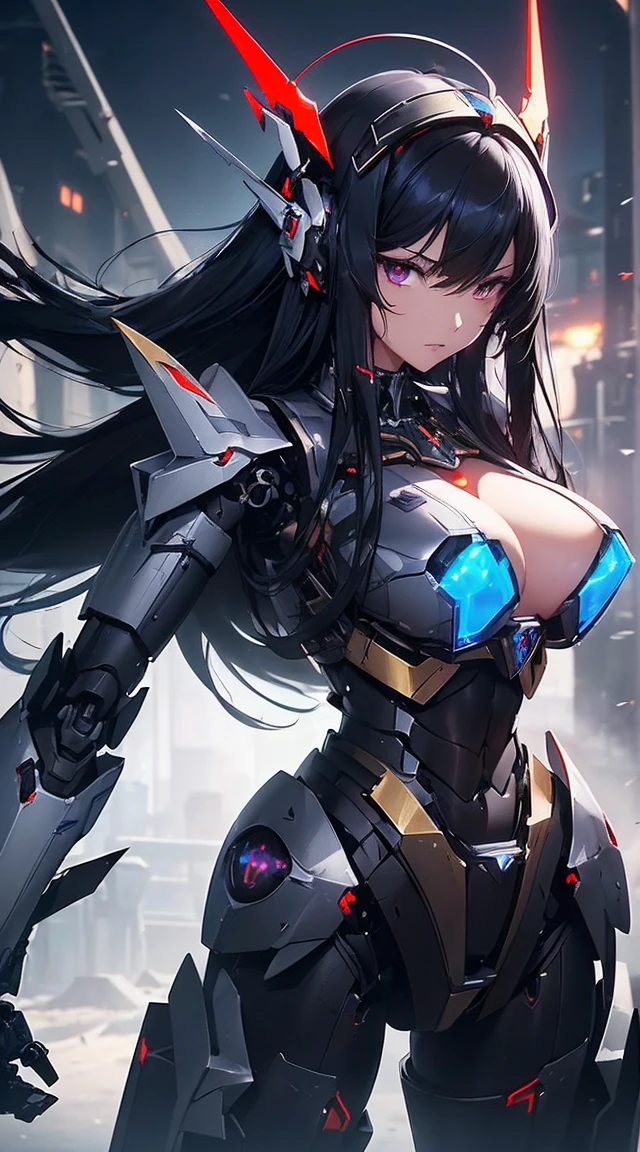 ((Shining lenses on both breasts:1.3))、((Pillars of red light radiate from both chests..:1.3))、((Attack pose:1.6))、((He has a red sword and a long rifle:1.6))、((Battle Scenes:1.8))、((8K)), ((32k)), ((Highest quality)), ((masterpiece)), ((超A high resolution)), ((Tmasterpiece)), ((Halation:1.4))、((Mechaニカルheadgear:1.2))、((Cyber Headphones:1.3))Fine skin, High quality fabric, High-quality metal texture、((Beautiful and dense face))、RAW Photos、Professional, Ultra-fine painting, ((alone)), Beautiful breasts、Highest quality, Very detailed, Very detailed詳細, Finer details, so beautiful, ((Black Knight Robot:1.2)),  (Joint of the machine, Mechanical Limbs:1.3), (The internal structure of the machine is :1.3), (Long black hair:1.1), (Beautiful and huge mechanical breasts)、White Veil, cowboy_shot, Side Focus, headgear, Shiny、(Five Fingers, Four fingers and thumb),Concept Art, Anime fantasy artwork, Detailed fantasy art, (Has light blue-purple hair and black wings,,,,,,), (((Long black hair))), (Mecha:1.6)、Sleek and intimidating design,  (Jet black perfect robot body)、Jet black and reddish purple arms, Symmetrical wings, 8K High Resolution, Detailed Art, 3D rendering of character art in 8K, neat legs, Defined, Defined fingers,((headshot:1.6))