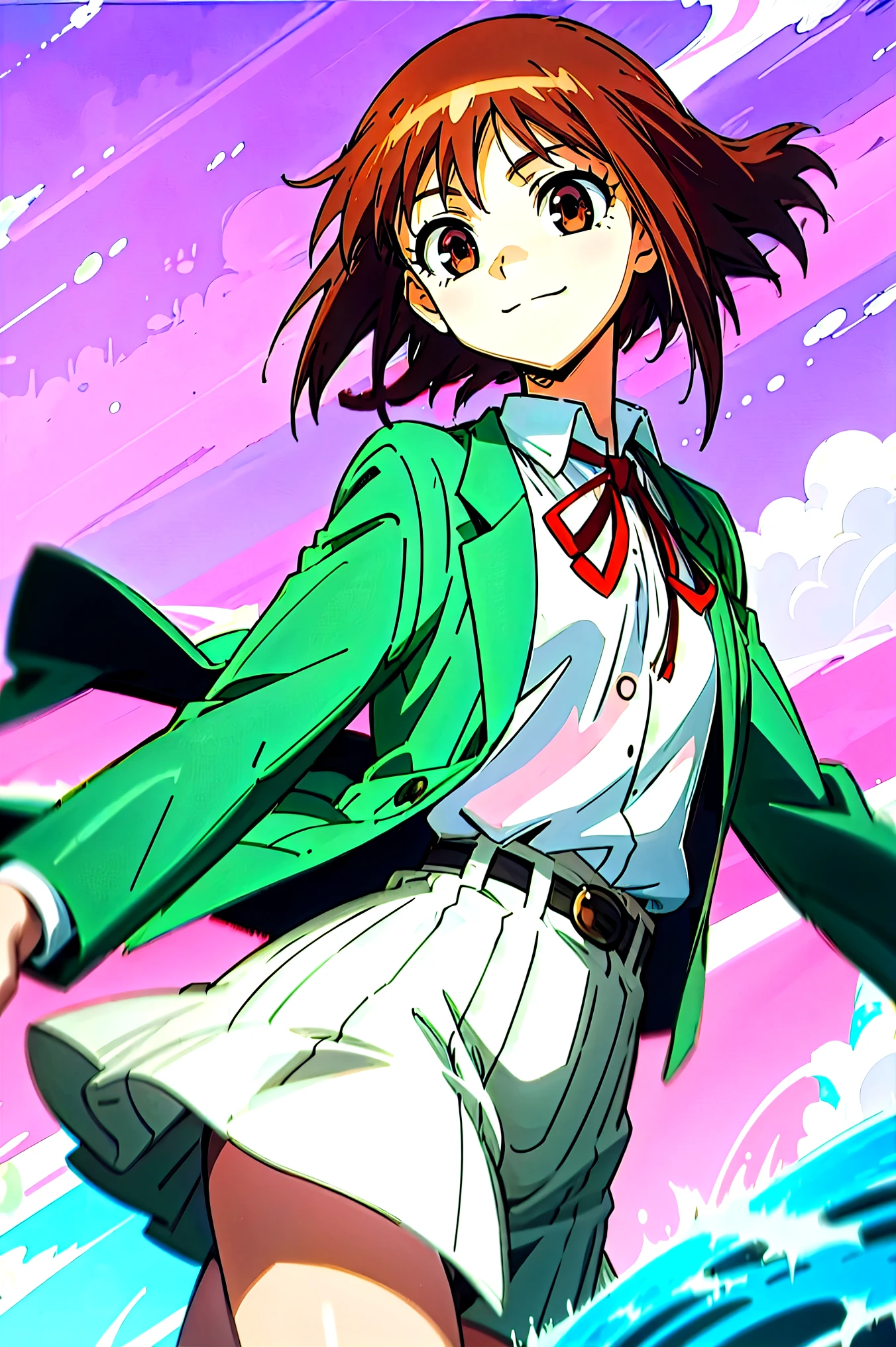 (masterpiece, best quality:1.2), samidare asahina, 1girl, brown eyes, brown hair, jacket, long sleeves, neck ribbon, ocean, red sky, dawn, ponytail, red ribbon, ribbon, rose garden, shirt, short hair, solo, white shirt, (anime, high details, super detail:1.55)