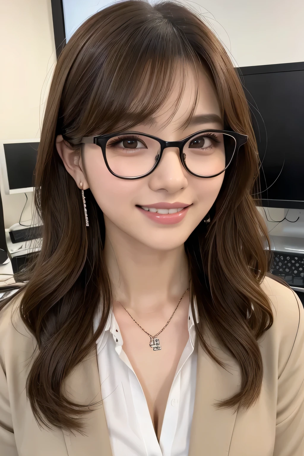 Beautiful young woman、 Light brown hair、、Wavy Hair、Working in front of a computer、Necklace around the neck、Office Lady Suits、Jacket、Unbuttoned shirt、Glasses、Glassesがずれている、Flashy makeup、smile、Beautiful teeth alignment、short hair、Intricate details, Very detailed:1.2), 、 Looking into the camera,The background is the office、Necklace around the neck、Dark eyeliner、ear piercing
