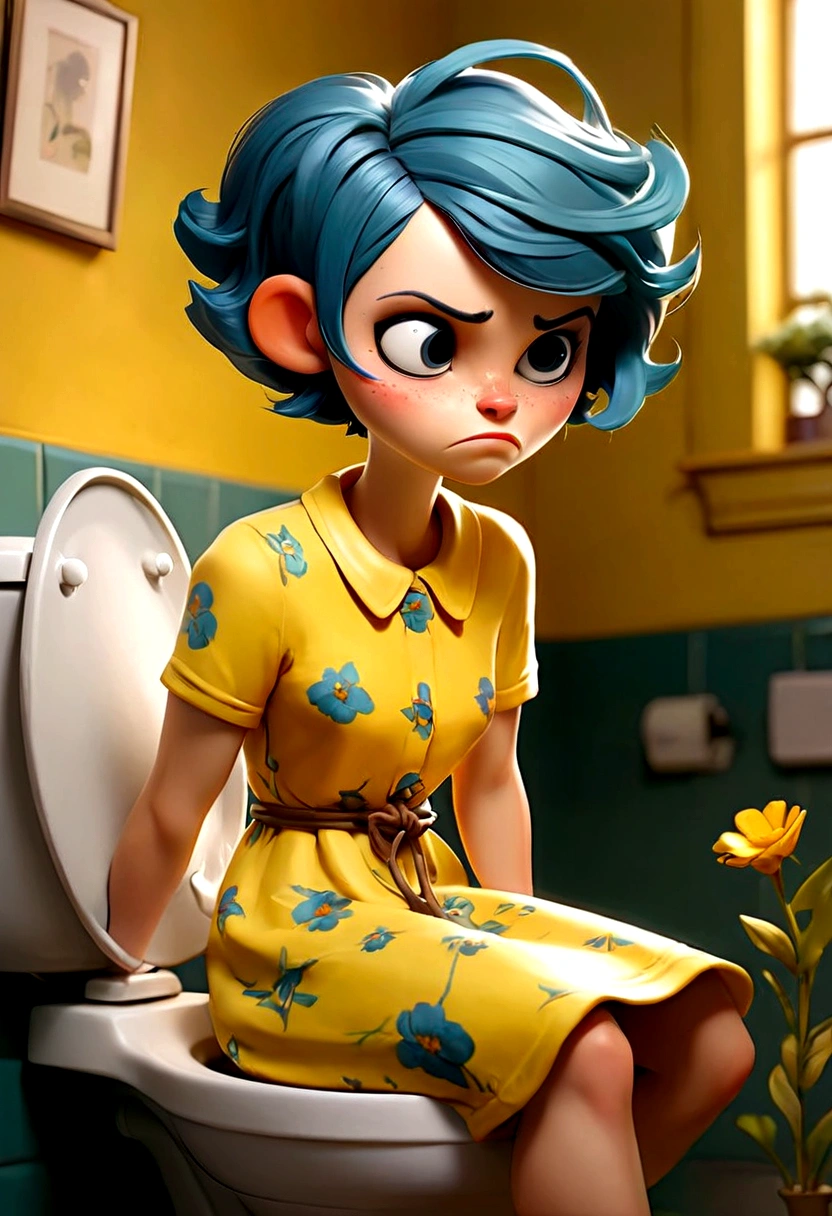 woman with short blue hair yellow floral dress. she is peeing on toilet.