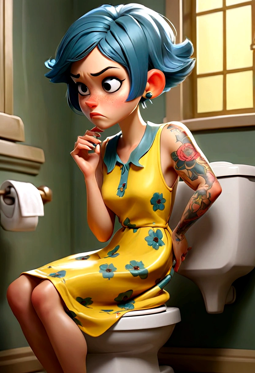 woman with short blue hair  yellow floral dress. she is peeing on toilet.