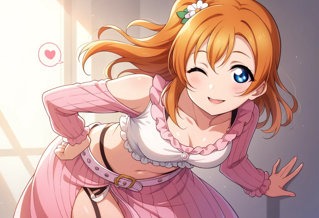 Honoka kousaka love live, cowboy shot, blue eyes, orange hair,hair flower, solo, loose crop top, frilly,long sleeve,long skirt, front thigh cutout,pink loose belt,thin straps, shiny moist skin, sexy, spoken heart , (lipstick:0.7), wink ,hand on hip, leaning to side , crotch, slightly bent over 