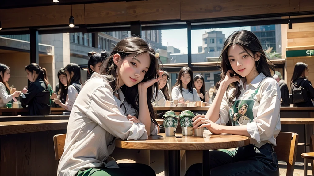 8K、RAW Photos、Highest quality、Super detailed、Super Resolution、Ultra HD、8K壁紙、Amazing details
(((Inside the Starbucks store)))、Woman sitting at a table by the window、、((((Girls' High School Uniforms))))、(((Eat cake、Drink coffee、smile)))、Emphasize cleavage
