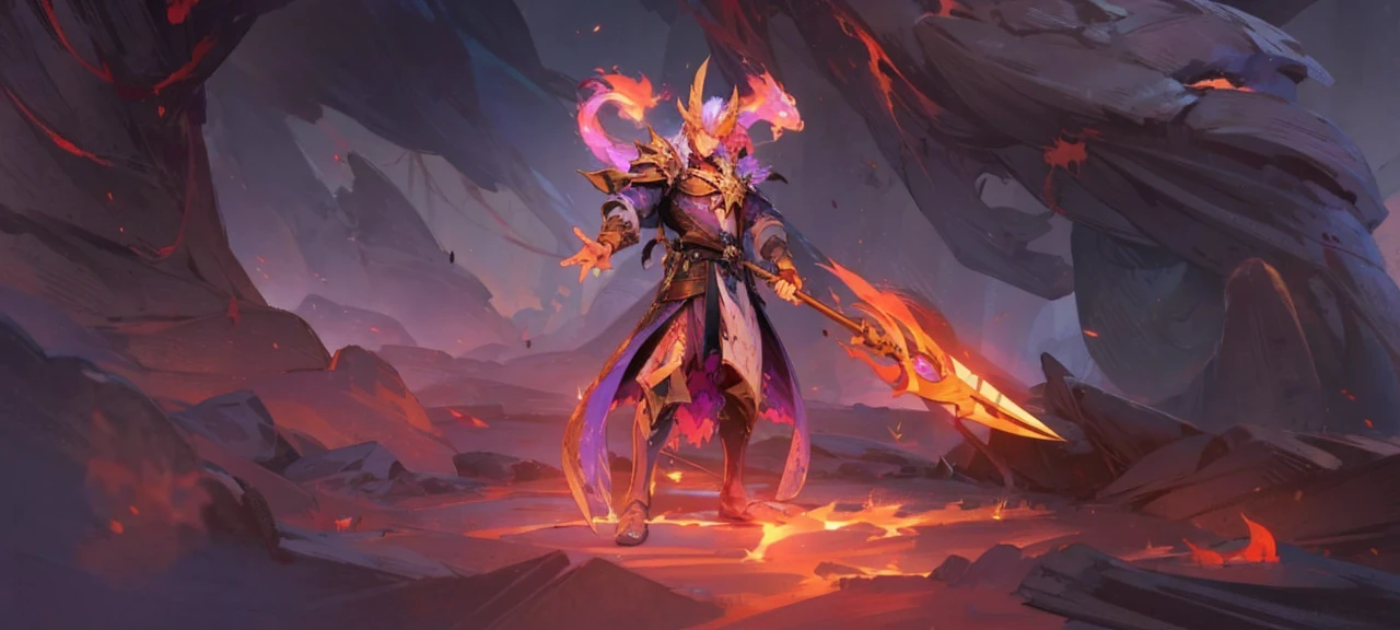 Man with Scars, with purple hair, with blue skin holding a big damn spear covered in blood