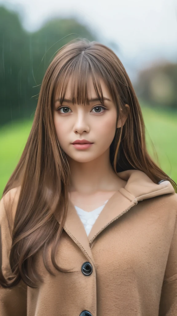 Best quality, 8k, ,Masterpiece :1.3)), facing viewer,((full body1.2)) ,pretty woman, wide shot ,1girl, , , rainy, , brown hair , bangs,ultra-detailed face, highly detailed lips, detailed eyes, double eyelid