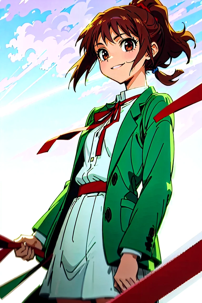 (masterpiece, best quality:1.2), samidare asahina, 1girl, brown eyes, brown hair, jacket, long sleeves, neck ribbon, red sky, dawn, ponytail, red ribbon, ribbon, rose garden, shirt, short hair, solo, white shirt, (anime, high details, super detail:1.55)