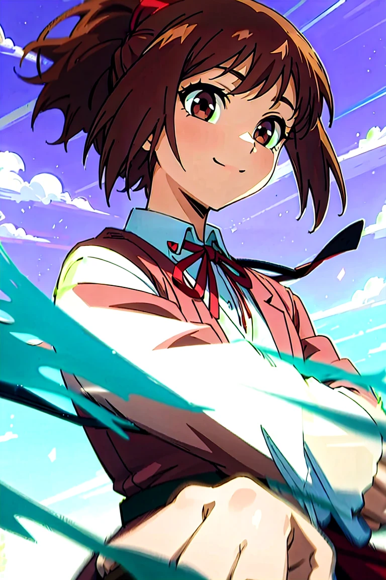 (masterpiece, best quality:1.2), samidare asahina, 1girl, brown eyes, brown hair, jacket, long sleeves, neck ribbon, red sky, dawn, ponytail, red ribbon, ribbon, rose garden, shirt, short hair, solo, white shirt, (anime, high details, super detail:1.55)