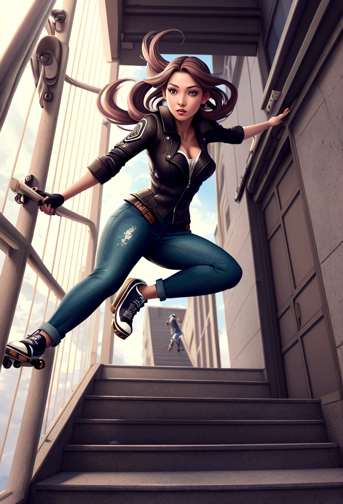 a woman on a skateboard jumping down a flight of stairs, inspired by Rossdraws, digital illustration, beautiful detailed eyes, beautiful detailed lips, extremely detailed eyes and face, long eyelashes, detailed digital illustration, dynamic pose, mid-air, adrenaline, motion blur, studio lighting, highly detailed, vibrant colors, cinematic lighting, dramatic shadows, photorealistic, 8k, hyperrealistic, digital painting, concept art, dynamic composition, masterpiece; Captured with a wide-angle fisheye lens