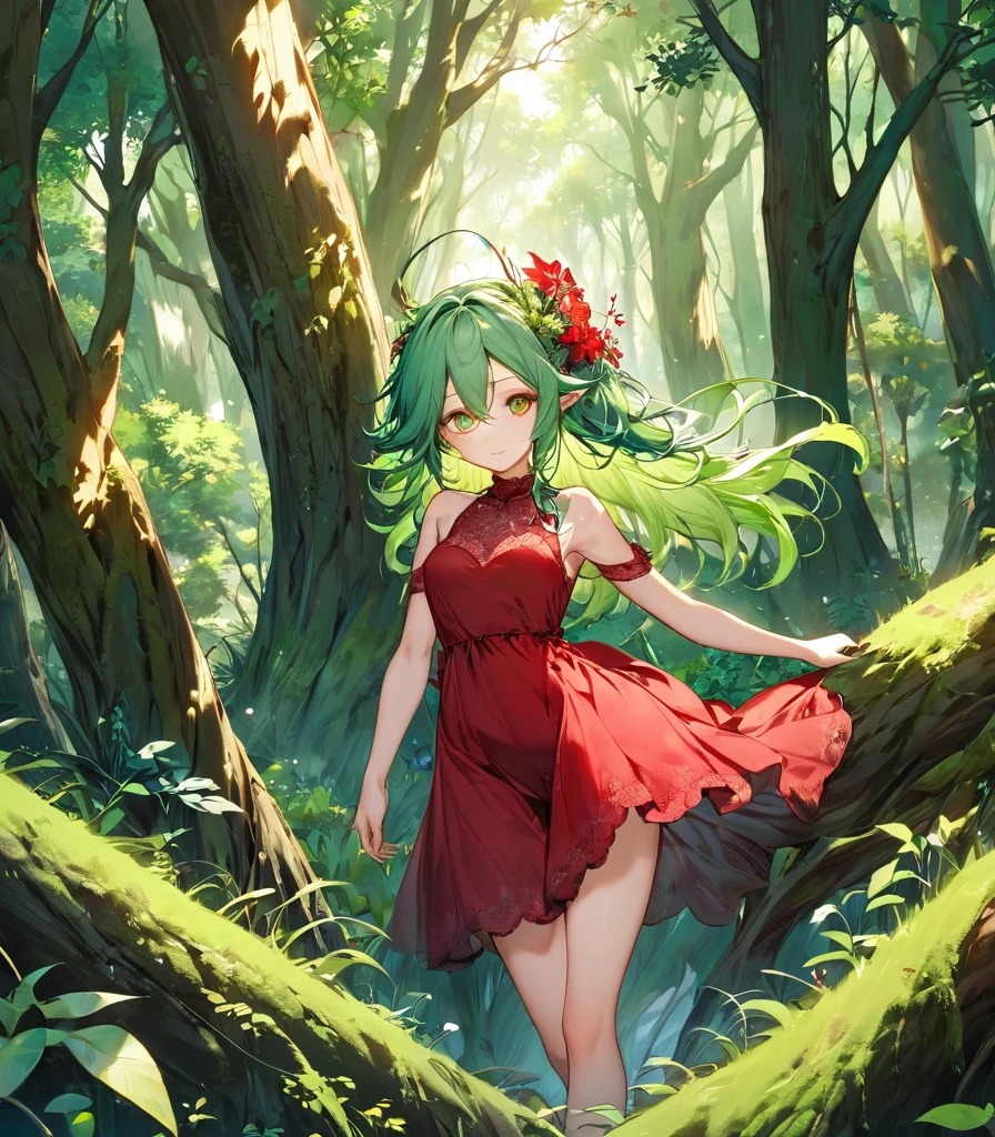 Wood nymph Among trees. Green hair, red dress