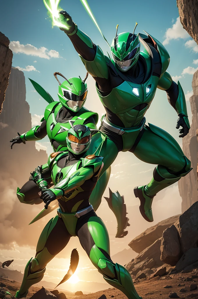 Generate green Power Rangers fighting a giant grasshopper