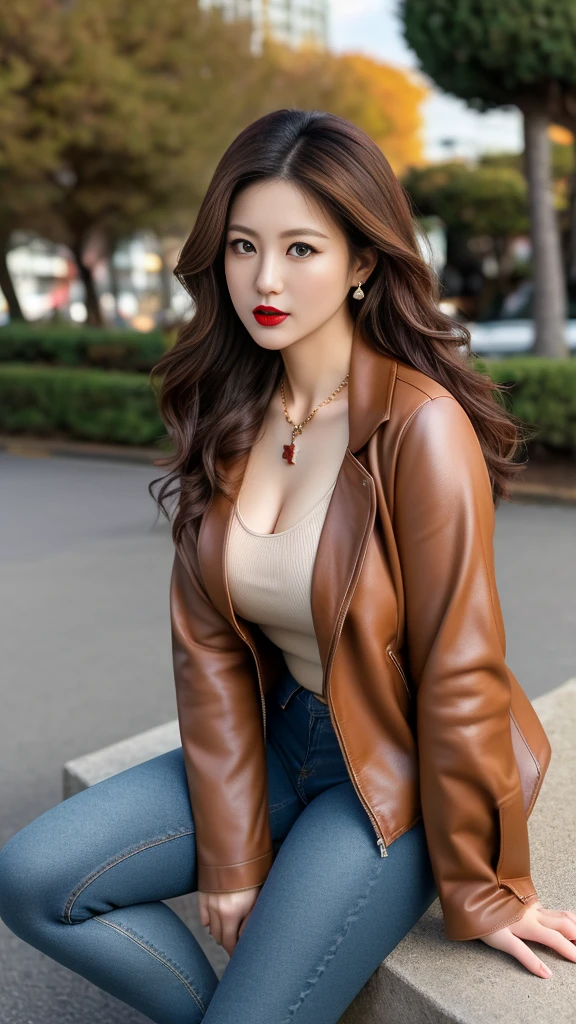 Japanese mature woman, (outdoor seaside background), brown leather jacket (no cleavage), thighs, makeup, (lipstick: 1.1), (eyeliner: 1.2), mascara, eye shadow, outdoor sports, earrings, necklace, (jeans leggings), wrinkles at the corners of the eyes, mouth lines, high-necked knitted top, full body photo, 35 years old, big eyes, elegant temperament, (masterpiece: 1.2, best quality), real, (real situation, 45 years old, exquisite details, depth of field, high-necked clothes), meticulous, very detailed content, this is a perfect face, perfect figure, big model, mature woman, 8K, best quality, masterpiece, ultra-high resolution, (real: 1.4), original picture, stay focused, rich details, dramatic, exquisite beauty, long curly hair, dynamic angle, (red lips), exquisite graphics, sneakers, casual sexy pose