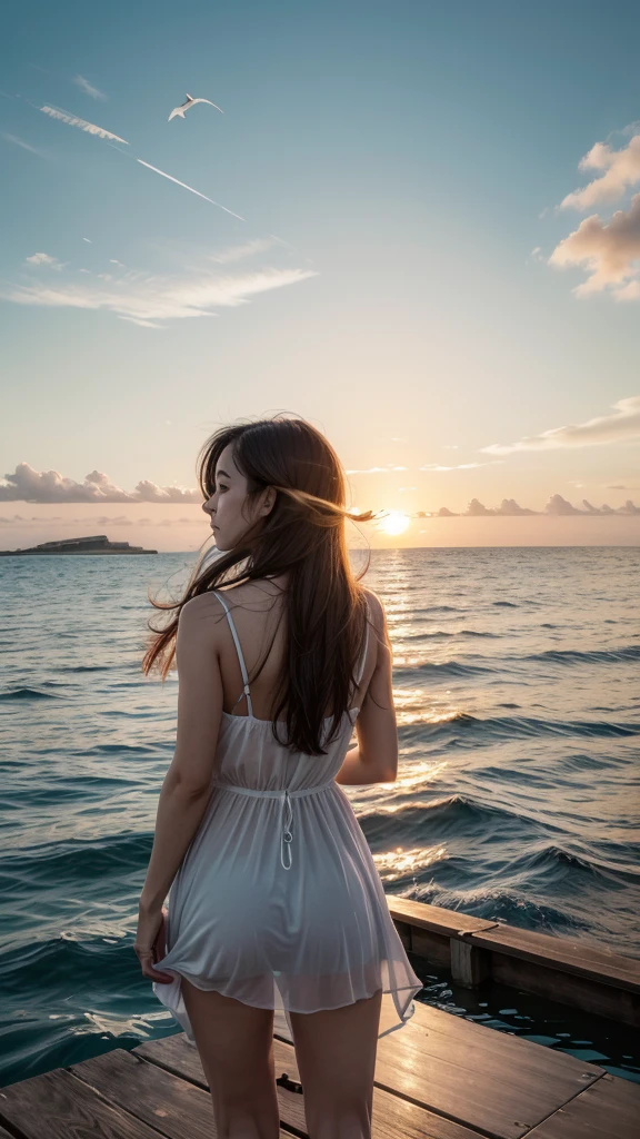 
A woman with a transparent, flowing silhouette standing on a small sailboat or wooden dock at the edge of the water. Her hair could be slightly windblown, suggesting a sense of movement and the sea breeze,Soft, warm light from the setting sun bathes the scene and illuminates the woman's silhouette from behind, creating a subtle glow around her edges and casting a golden reflection on the water,vibrant sunsetz, pinks, and purples reflecting on the ocean surface. a few wispy clouds in the distance to create depth and enhance the dreamy feel. Consider including a few seagulls flying in the distance for extra movement and life in the scene