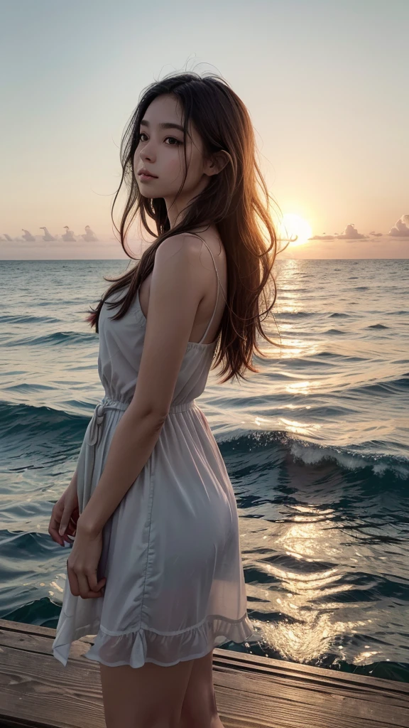 A woman with a transparent, flowing silhouette standing on a small sailboat or wooden dock at the edge of the water. Her hair could be slightly windblown, suggesting a sense of movement and the sea breeze,Soft, warm light from the setting sun bathes the scene and illuminates the woman's silhouette from behind, creating a subtle glow around her edges and casting a golden reflection on the water,vibrant sunsetz, pinks, and purples reflecting on the ocean surface. a few wispy clouds in the distance to create depth and enhance the dreamy feel. Consider including a few seagulls flying in the distance for extra movement and life in the scene