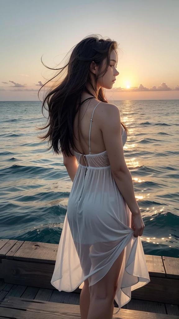 A woman with a transparent, flowing silhouette standing on a small sailboat or wooden dock at the edge of the water. Her hair could be slightly windblown, suggesting a sense of movement and the sea breeze,Soft, warm light from the setting sun bathes the scene and illuminates the woman's silhouette from behind, creating a subtle glow around her edges and casting a golden reflection on the water,vibrant sunsetz, pinks, and purples reflecting on the ocean surface. a few wispy clouds in the distance to create depth and enhance the dreamy feel. Consider including a few seagulls flying in the distance for extra movement and life in the scene