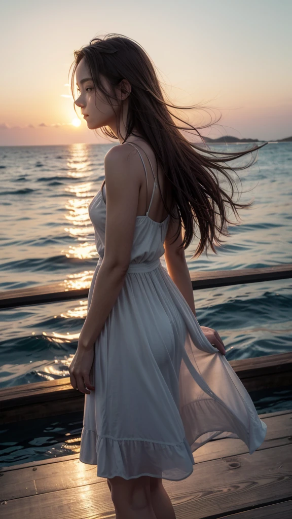 
A woman with a transparent, flowing silhouette standing on a small sailboat or wooden dock at the edge of the water. Her hair could be slightly windblown, suggesting a sense of movement and the sea breeze,Soft, warm light from the setting sun bathes the scene and illuminates the woman's silhouette from behind, creating a subtle glow around her edges and casting a golden reflection on the water,vibrant sunsetz, pinks, and purples reflecting on the ocean surface. a few wispy clouds in the distance to create depth and enhance the dreamy feel. Consider including a few seagulls flying in the distance for extra movement and life in the scene