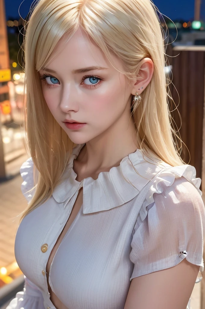 (masterpiece), (best quality), Ultra-high resolution, Raw photo, A photo-realistic, super cute woman, 1girl, (perfect face:1.2), (beautiful face:1.2), platinum blonde hair, (from above, upper body:1.3), cold look, sad expression, looking at viewer, pose, ruffle sleeve blouse, outdoors, night time, intricate, depth of field, cinematic lighting,