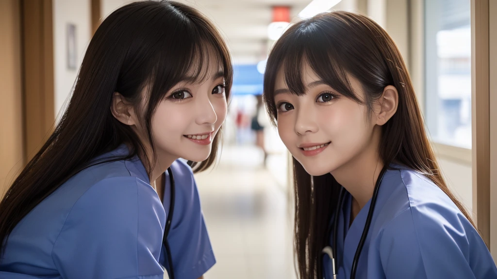 (2 Girls )、(Beautiful Japanese,round face、Refreshing、clear、seems kind、stylish、Pitiful、cute like an angel、cute、black eyes、(Single eyelid:1.3)、Beautiful skin), {(Japan human face:1.4),(General facial features)} , (((Beautiful breasts:0.4))),(((soft breasts))),(very cute),(,black hair,),(enchanting eyes),(highlight on eyes:1.2)、(8K、Live shooting、highest quality、masterpiece:1.2、optimal lighting)、((masterpiece)),(Photo taken by a professional photographer),(real、photo real:1.4),BREAK,((taraditional nurse uniform))},(cleavage:0.5)},( Smile),(cheeks are red:1.3), break, hospital,Face shot:1.0、 face close-up,,(((1970s vibe)))、Hospital corridor,dynamic angle,back view