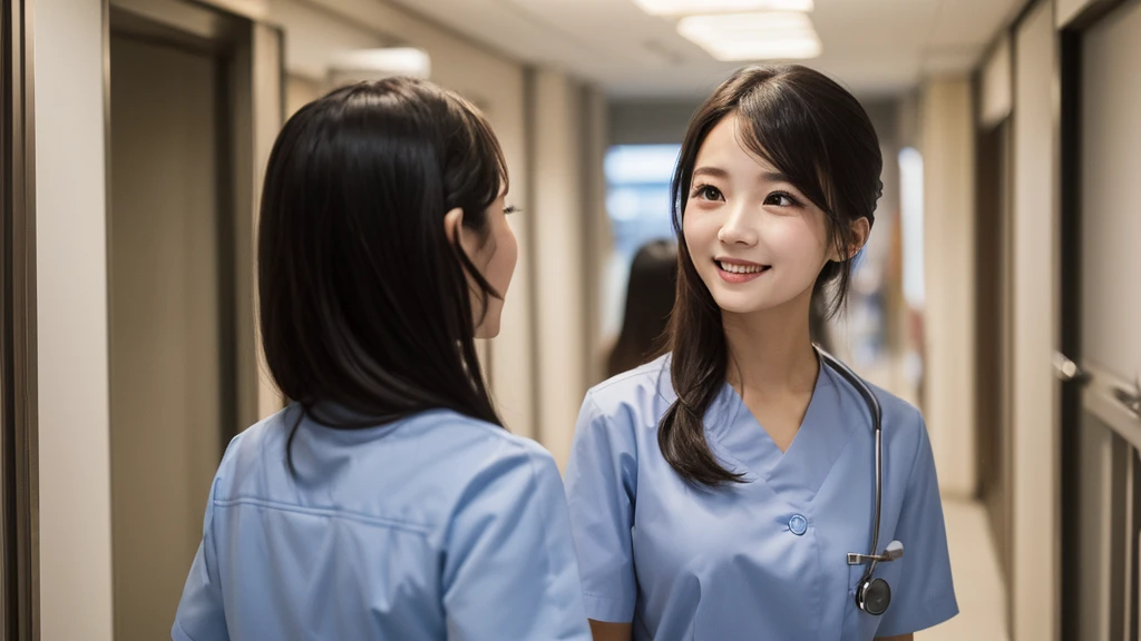 (2 Girls )、(Beautiful Japanese,round face、Refreshing、clear、seems kind、stylish、Pitiful、cute like an angel、cute、black eyes、(Single eyelid:1.3)、Beautiful skin), {(Japan human face:1.4),(General facial features)} , (((Beautiful breasts:0.4))),(((soft breasts))),(very cute),(,black hair,),(enchanting eyes),(highlight on eyes:1.2)、(8K、Live shooting、highest quality、masterpiece:1.2、optimal lighting)、((masterpiece)),(Photo taken by a professional photographer),(real、photo real:1.4),BREAK,((taraditional nurse uniform))},(cleavage:0.5)},( Smile),(cheeks are red:1.3), break, hospital,Face shot:1.0、 face close-up,,(((1970s vibe)))、Hospital corridor,dynamic angle,back view