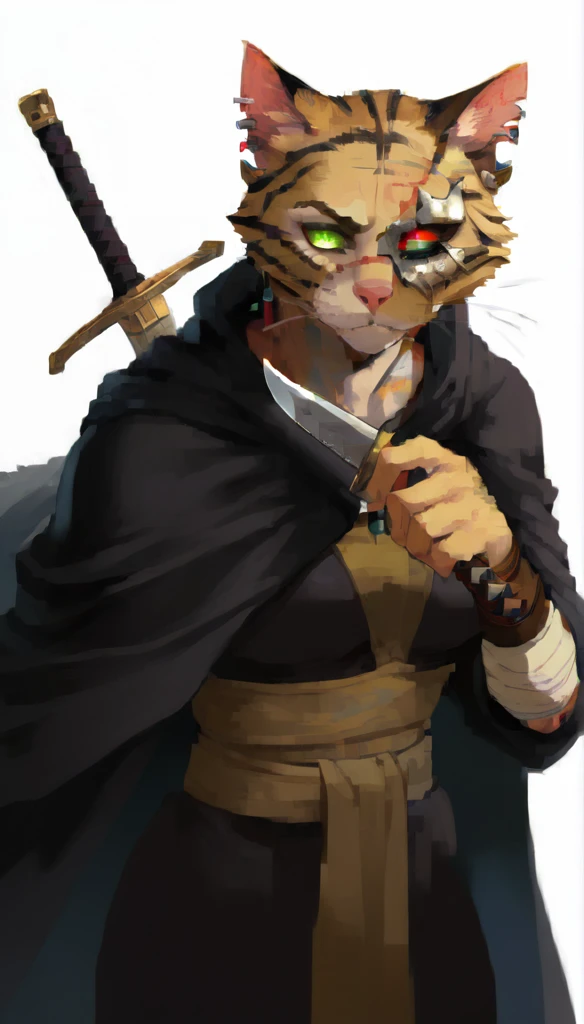 score_9, score_8_up, score_7_up, (clear simple background, white background, papyrus background), ((tabaxi), anthro, solo, female, (portrait), (focus), (holding, assassin, rogue), ((wearing dark robe, cape)), (cat fur)), beautiful, silver digger, shiny silver knife, damaged cat ear, tabaxi damaged ear, torn feline ear, battle scars on ear, sword cross-guard, old sword guard, (damaged in battel guard:0.5), scars, scars stripes, scars marks, battle scars, claw scars marks, ((damaged eye:1.3)), ((demon eye:1.3)), ((earrings, ear jewelery))