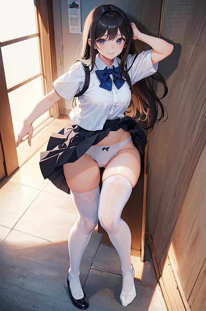 masterpiece、Highest quality、1 Girl、high school girl、18-year-old、Perfect Face、Shiny skin、Random Uniform、(Random Hairstyles)、Big eyes、expensive)、Beautiful Hair、Beautiful Eyes、Perfect proportions、Beautiful thighs、Beautiful feet、Beautiful fingers、((High quality fabric、Brown knitted vest、Short sleeve white collar shirt、Navy Pleated Skirt、A bow tie))、In the classroom after school、(smile)、(((((Skirt flip、White panties and black stockings are visible)))))