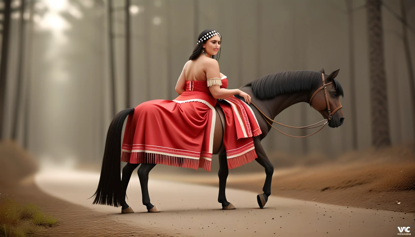 ((masterpiece)), ((best quality)), ((highres)), ((extremely detailed)), ((long shot, back view)), 1 black skinned large BBW girl as Pocahontas costume, full body, Beautiful Native American woman, mature woman, Big breast, (super realistic), (peerless beauty), detailed skin texture, detailed cloth texture, beautiful detailed face, intricate details, ultra detailed, indigenes feather jewelry, feather headdress, traditional handmade dress, (((riding on a very big fat draft  horse))), (((road in the middle of the forest))), ultra realistic, concept art, elegant, ((intricate)), ((highly detailed)), depth of field, ((professionally color graded)), soft ambient lighting, dusk, (Best quality, A high resolution, Photorealistic, primitive, 8K,Masterpiece, ),Best quality, Masterpiec8K.hdr, (vivd colour:1.10)