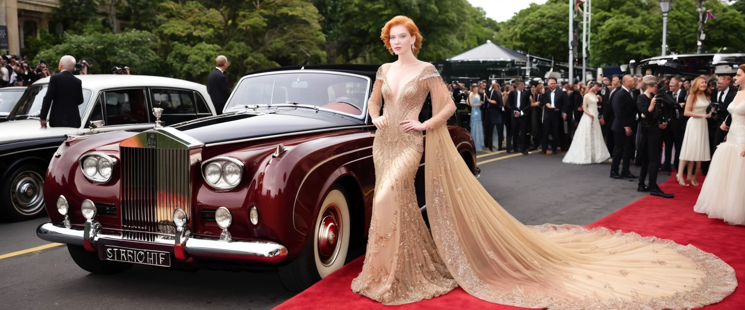 An elegant strawberry blonde emerges from a vintage Rolls-Royce onto the iconic red carpet, the train of her ornately embroidered couture gown cascading gracefully behind as paparazzi flashes reflect off every meticulously set ruby and diamond.