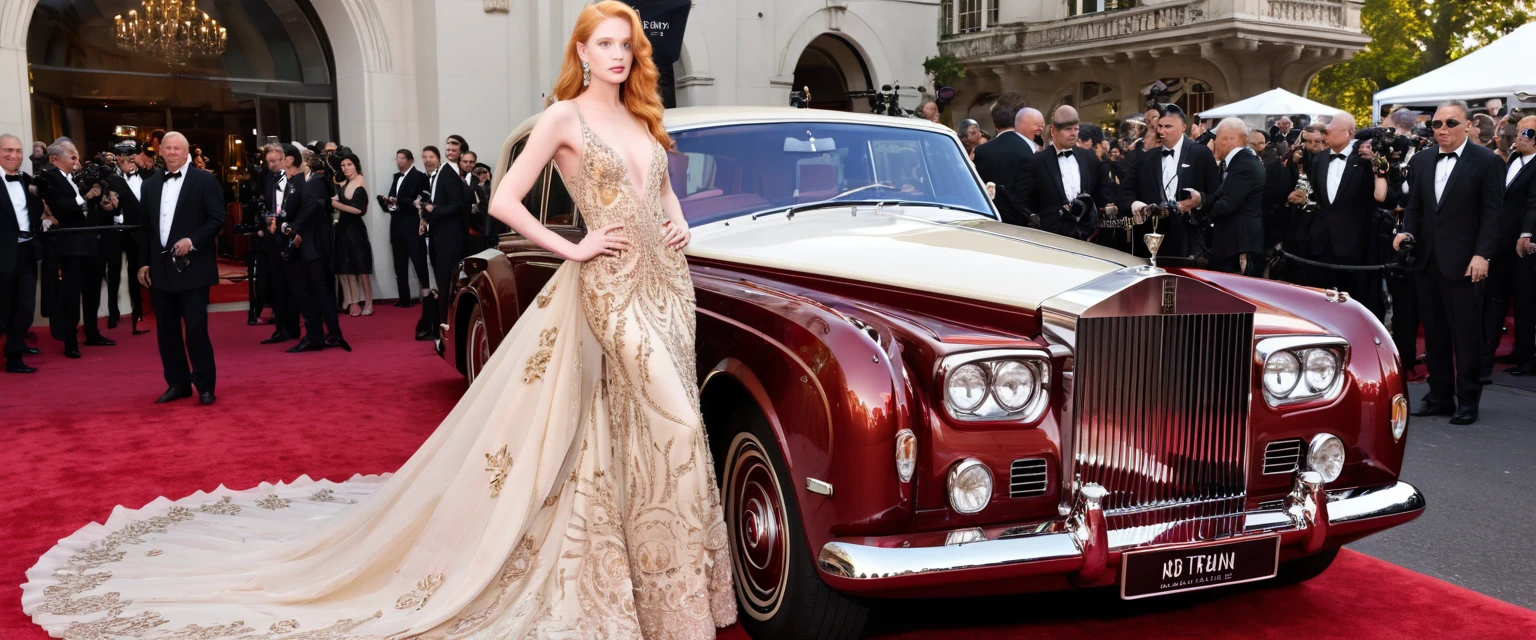 An elegant strawberry blonde emerges from a vintage Rolls-Royce onto the iconic red carpet, the train of her ornately embroidered couture gown cascading gracefully behind as paparazzi flashes reflect off every meticulously set ruby and diamond.