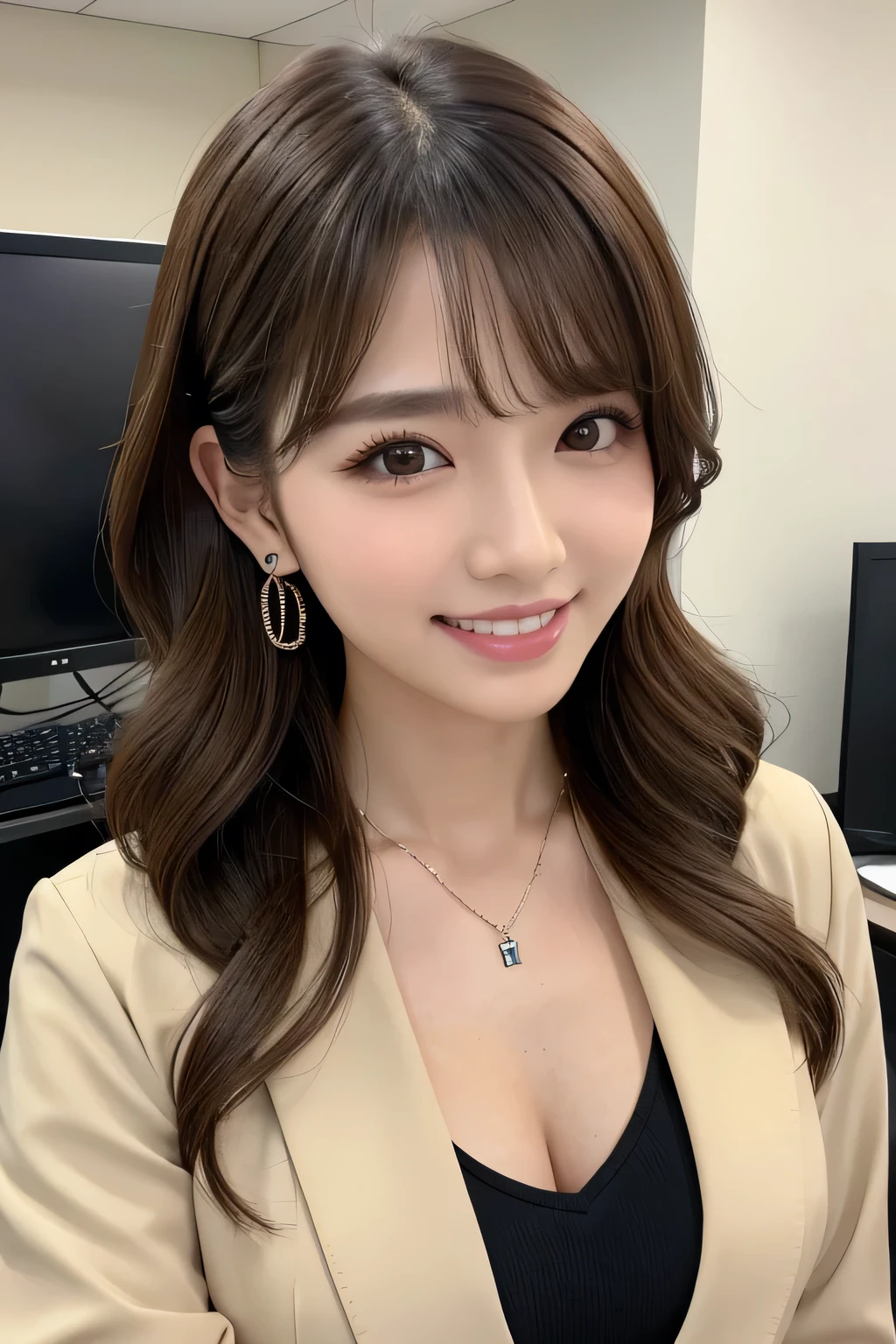 Beautiful young woman、 Light brown hair、、Wavy Hair、Working in front of a computer、Necklace around the neck、Eye patch、Office Lady Suits、Jacket、Unbuttoned shirt、Flashy makeup、smile、Beautiful teeth alignment、short hair、Intricate details, Very detailed:1.2), 、 Looking into the camera,The background is the office、Necklace around the neck、Dark eyeliner、ear piercing
