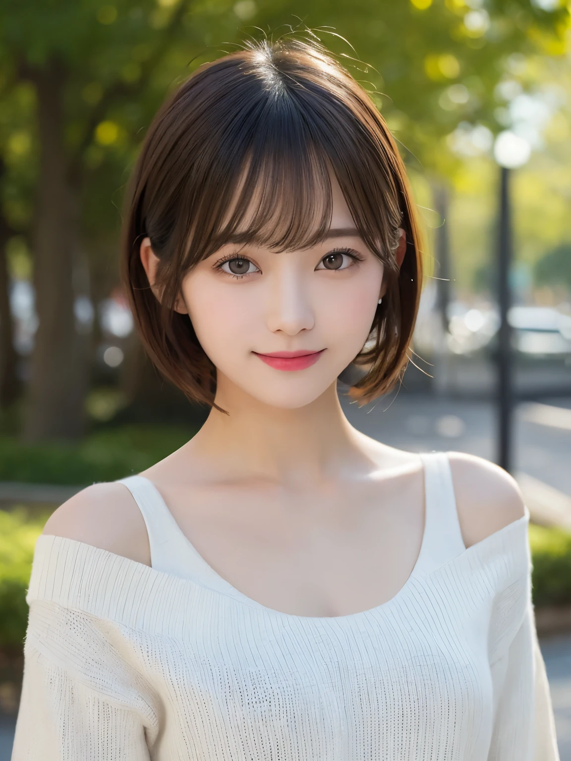 masutepiece, Best Quality, Illustration, Ultra-detailed, finely detail, hight resolution, 8K Wallpaper, Perfect dynamic composition, Beautiful detailed eyes, doress, short Hair, mid-chest, Natural Color Lip, Random and sexy poses,Smile, Blurred park background、20 years girl、Colossal 、Too much exposure、No shoulder knitwear(off white)、Exposing the chest、Slid、I keep my hair tied up