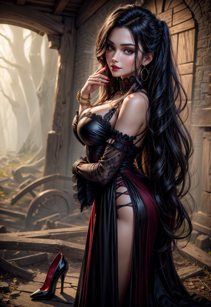 UHD 8k, HDR+, Hairy mature burning brunette vampire with a golden calle with rubies, big piercing eyes, milf 50 years old, huge gold earrings, giant earrings, her long jet black hair falls on her shoulders, a snow-white smile with vampire fangs, gold bracelets on her arms, black high heels, high heels, black and red gothic vampire dress, Against the background of the forest, detailed background, realistic, 1girl, solo girl, 20 year old girl, ultra realistic face, hyperrealistic, hyperdetailed, (looking at viewers), sharpen, detailed face, detailed eyes, detailed lips, red lips, beautiful face, 16k, FHD, raw photo, cute face mesh, pretty face mesh, portrait shot 8 k