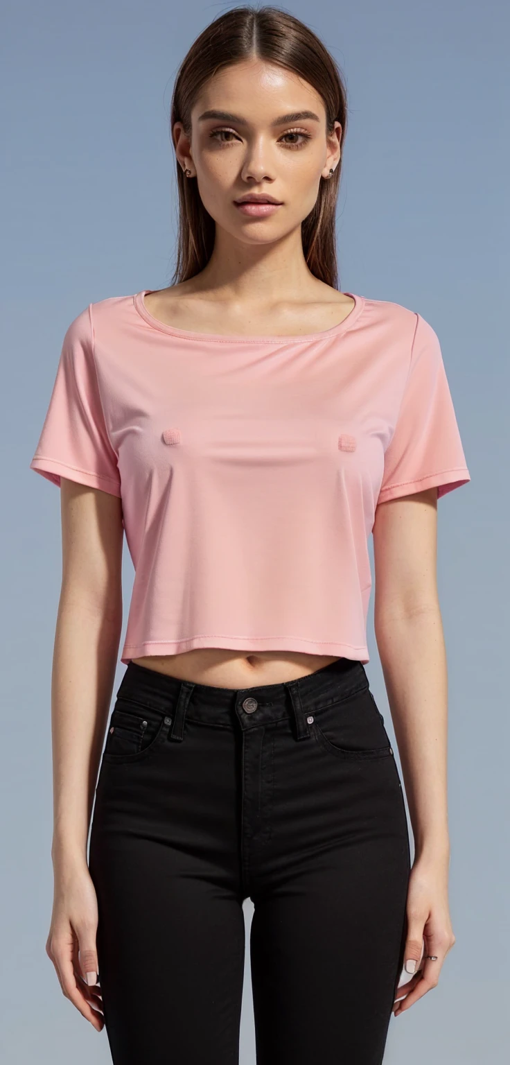 a woman wearing a pink top and black jeans, top cut, top cut, wearing a cropped tops, wearing top cut, wearing a top cut, wearing a cropped top, manga curta, faded pink, pink pastels, casual outfit, usando um top cropped sexy, Physicist : smallest belly ever, pink blouse, pink pastels skin tone, pink light