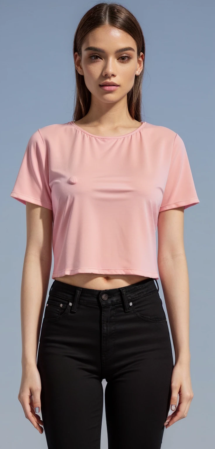 a woman wearing a pink top and black jeans, top cut, top cut, wearing a cropped tops, wearing top cut, wearing a top cut, wearing a cropped top, manga curta, faded pink, pink pastels, casual outfit, usando um top cropped sexy, Physicist : smallest belly ever, pink blouse, pink pastels skin tone, pink light