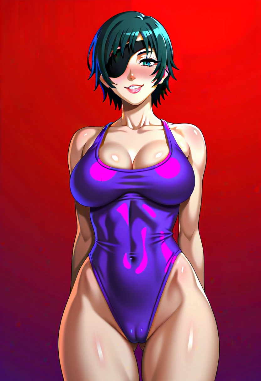 mature female, mature, Adult,((Himeno_CSM)), Himeno(Chainsaw Man), Eye patch, One Girl, solo, Grin, Villain, bad woman, chest, Black Hair, View your audience, short hair, Seductive smile, A woman sits on a group of smooth tentacles, Open your arms, Raise the hand, Tentacle Background, psychedelic Background, Purple leotard, sweet, Steam, dripping, warm feeling, masterpiece, Top animation quality,Top image quality,cinematic feeling