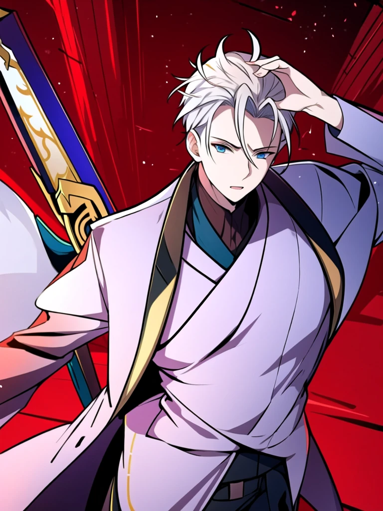 (masterpiece, best quality:1.2), 1boy, silver hair, spiky hair, two blue horns on his forehead, a dragon tattoo from his forehead to his temple, a teardrop under his right eye, a single-layered suit, a kimono, slender macho men, and carries a sword on his back.