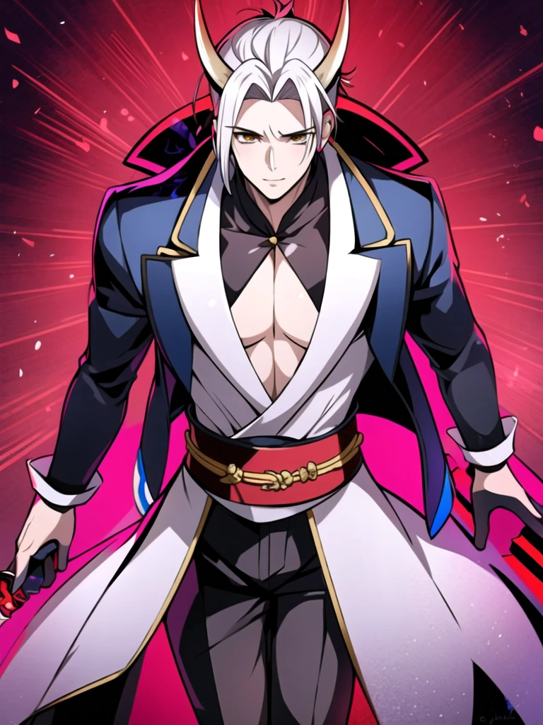 (masterpiece, best quality:1.2), 1boy, silver hair, spiky hair, two blue horns on his forehead, a dragon tattoo from his forehead to his temple, a teardrop under his right eye, a single-layered suit, a kimono, slender macho men, and carries a sword on his back.