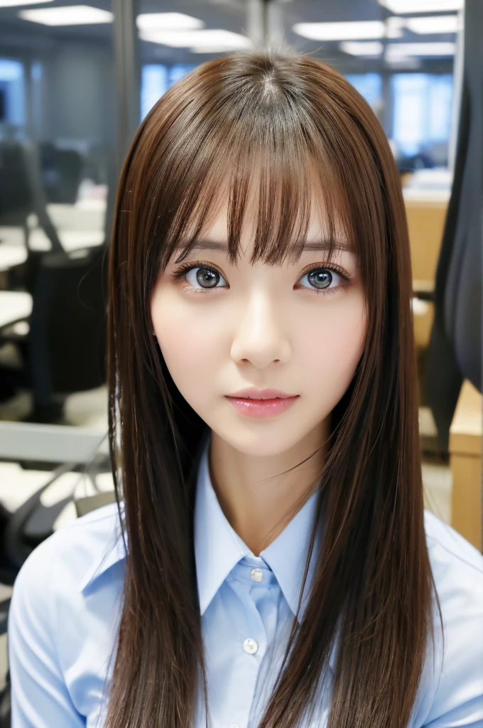 masterpiece, Confused, The finer details, High resolution, Highly detailed face and eyes, Photorealistic, Full body photo of a thin Japanese woman, Blurred Background, Head Office Photo