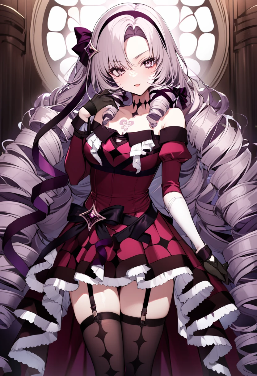 salome, hair ribbon, hairband, chest tattoo, very long hair, bare shoulders, gloves, black gloves, dress, long sleeves, garter straps, thighhighs