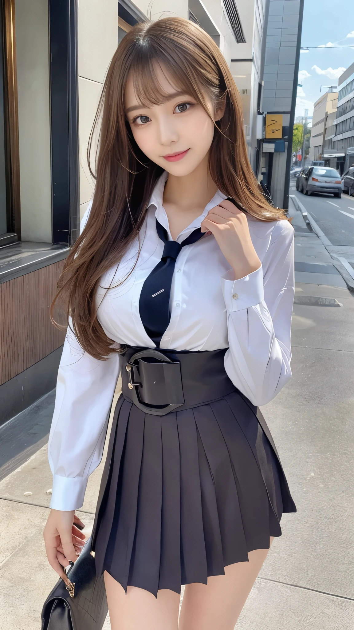 (Detailed skin:1.2),(Shiny skin:1.1),8K,Highest quality, masterpiece, Ultra-high resolution,(Realistic:1.4), RAW Photos,(Soft saturation:1.3),(Fair skin:1.2),Japanese Idols,repair,20 years, Light brown hair, (Long Hairstyles:1.2), Asymmetrical Hair, Asymmetrical bangs (Pretty face:1.4), (Large Breasts, Tight waist), Beautiful lighting, Small Head, (Student Uniform:1.2,),Highly detailed face, Highly detailed lips, fine grain, double eyelid,(Full Body Shot), Browsing Caution, (Sharp focus: 1.2), (Perfect Anatomy、Beautiful woman with perfect figure: 1.2)、Exposing cleavage、Random sexy poses,Accentuate your leg lines、Smiling