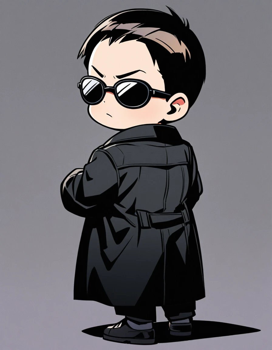 漫画城市猎人style,5-year-old baby boy,Black trench coat,sunglasses,Big back,Full body portrait,cool,Japanese manga artist Hojo Tsukasa'style,OC Renderer,light,very good,Very detailed,CG art,