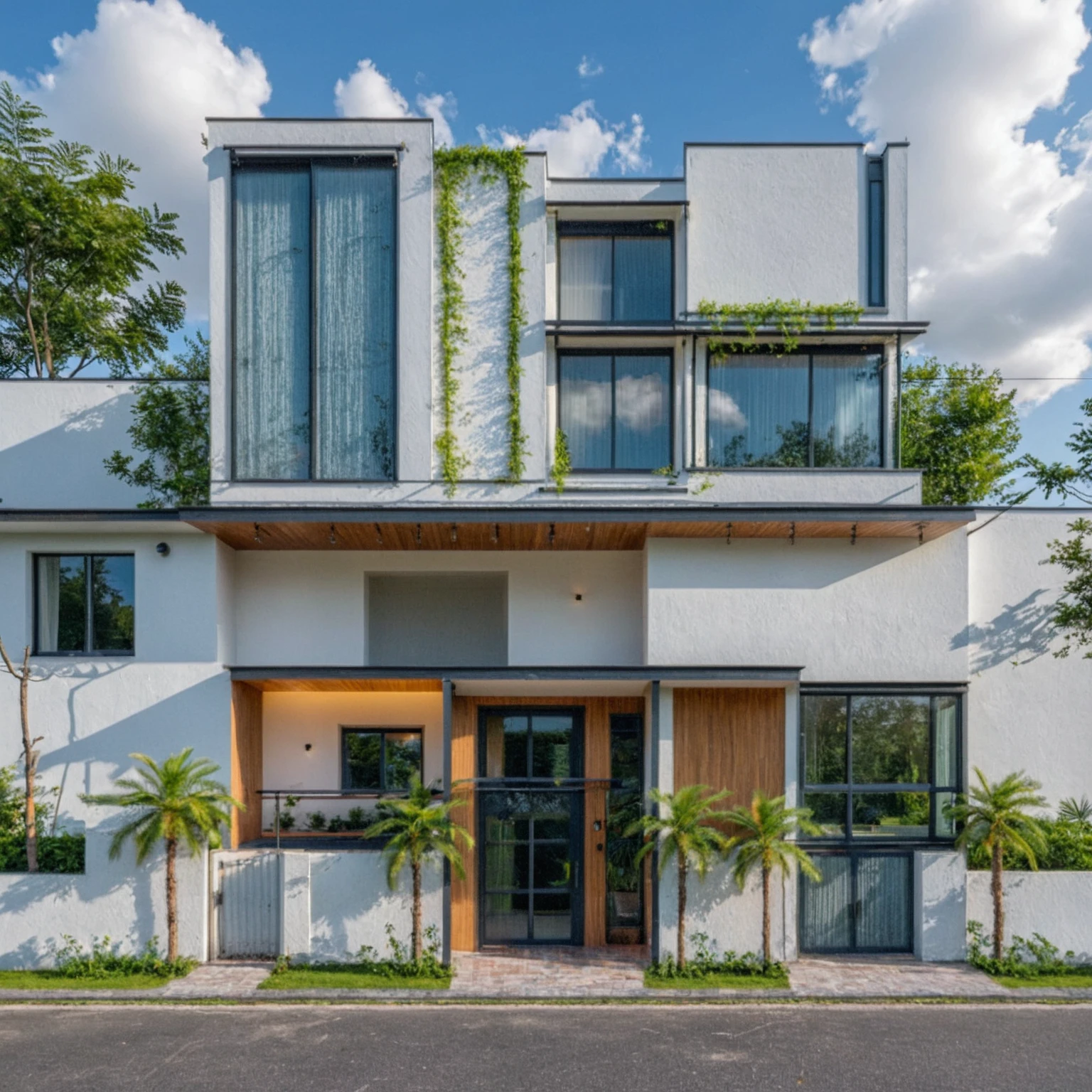 Masterpiece, 4k pixcel, high quality, best quality, authentic, super detail, outdoors, onestoreyvillaXL, aiaigroup, house style modern on the street ,stairs, white wall ,road,pavement, grass, trees, sky, cloud, (daylight:1.1)
