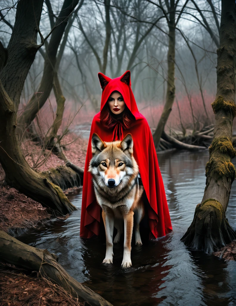 A satire and surreal picture of the red riding wolf at an eerie gnarly willow woods