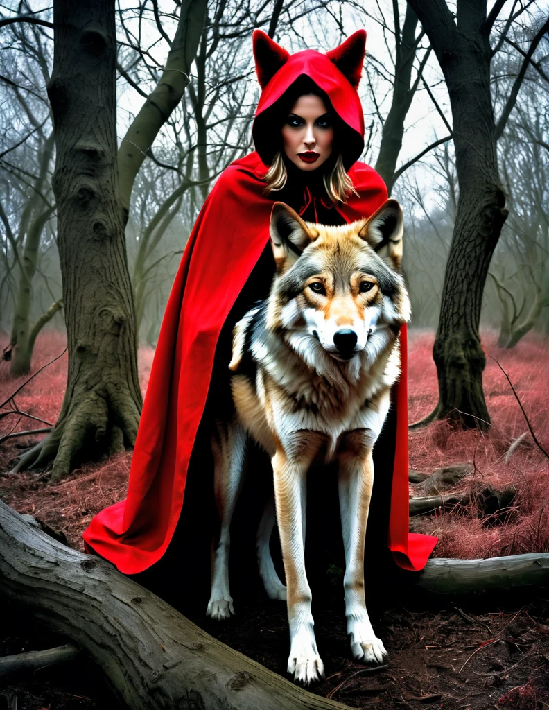 A satire and surreal picture of the red riding wolf at an eerie gnarly willow woods