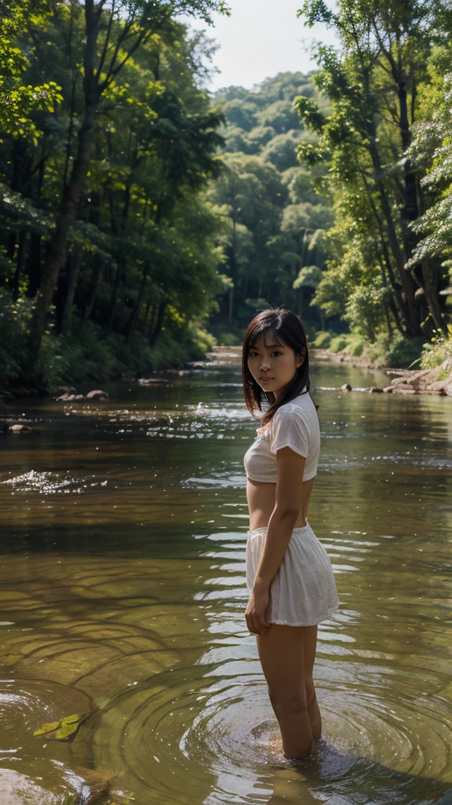 Asia girl in river, 8 meters distance view, forest background,